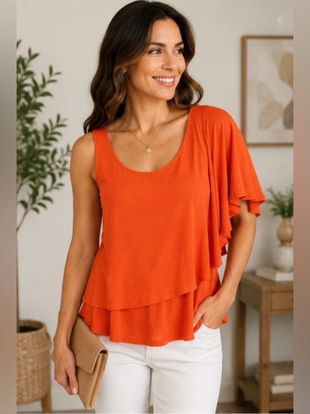 Laundry by Shelli Segal Orange Asymmetrical Layered Top One Shoulder Size L